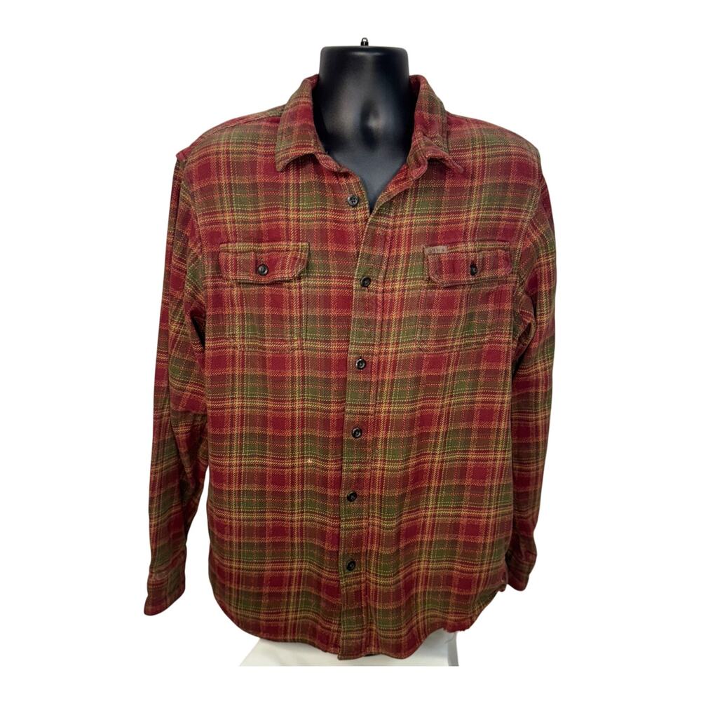 Orvis Plaid Flannel Shirt Men's Large Red Green Cotton Heritage Cabin Gorpcore